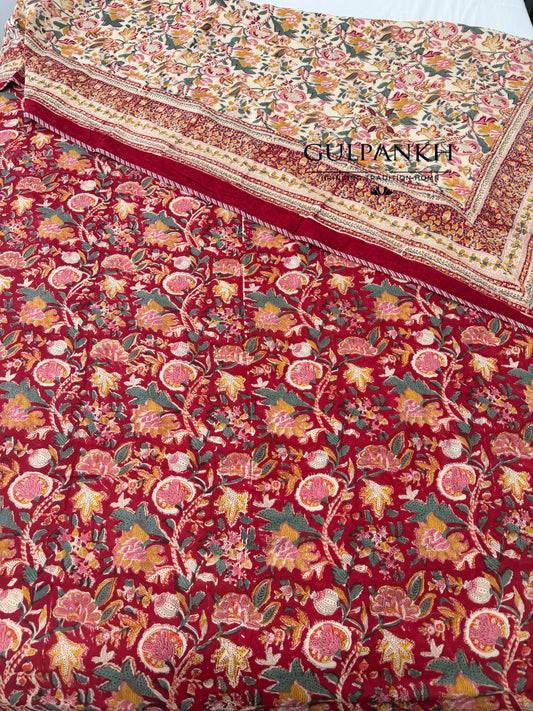 Hand Block Printed Mulmul Cotton Dohar - Ruby Gulistan | Gulpankh Canada