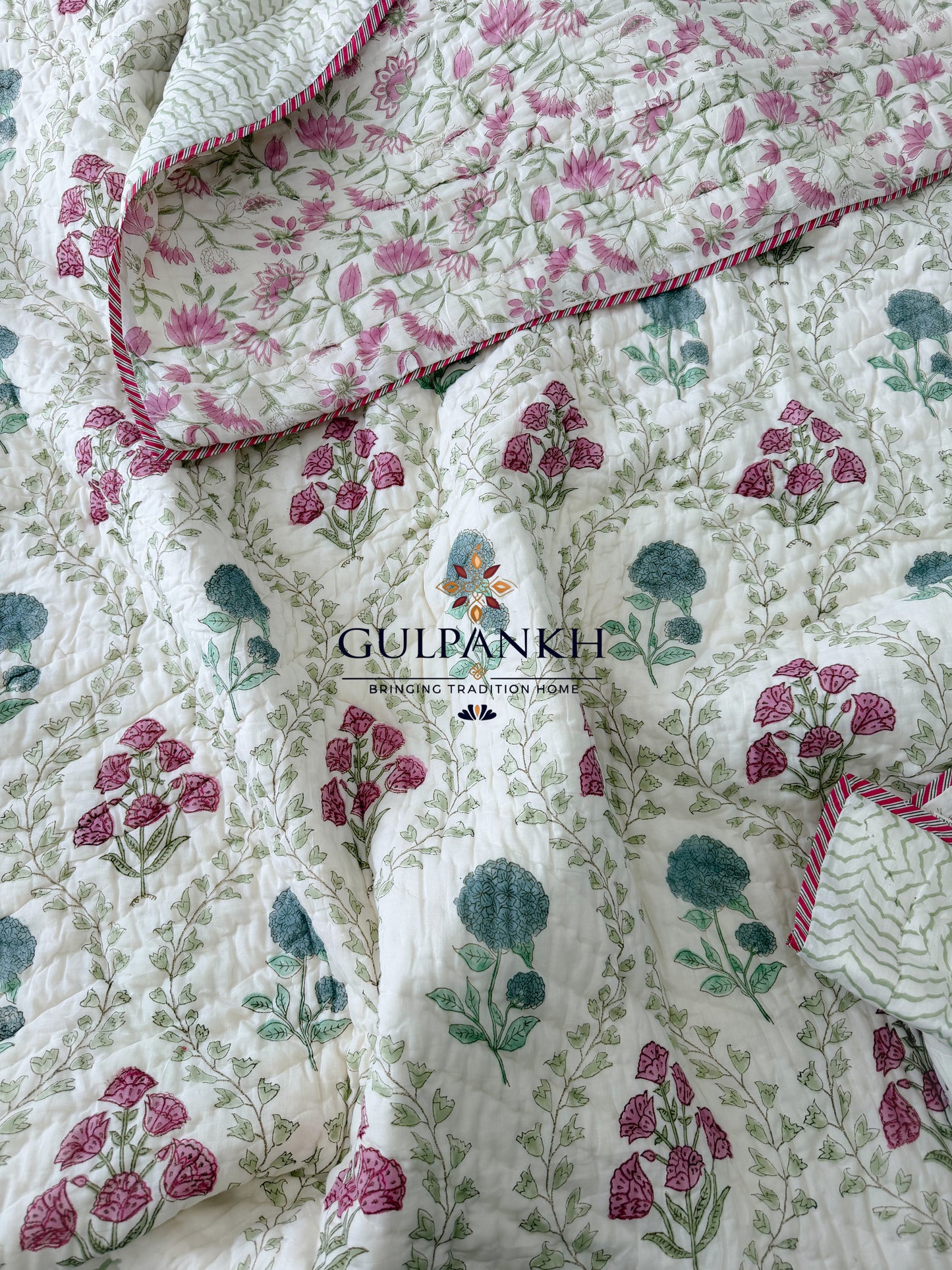 Reversible Hand Block Printed Cotton Quilt - Gulabi Bagh | Gulpankh Canada