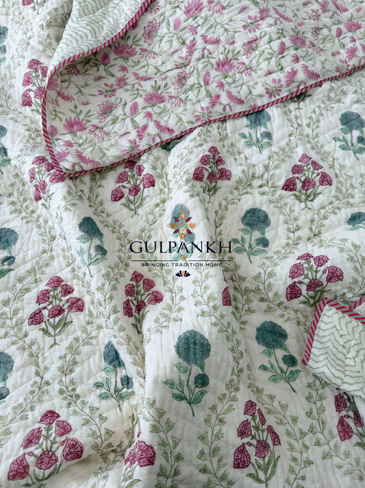 Reversible Hand Block Printed Cotton Quilt - Gulabi Bagh | Gulpankh Canada