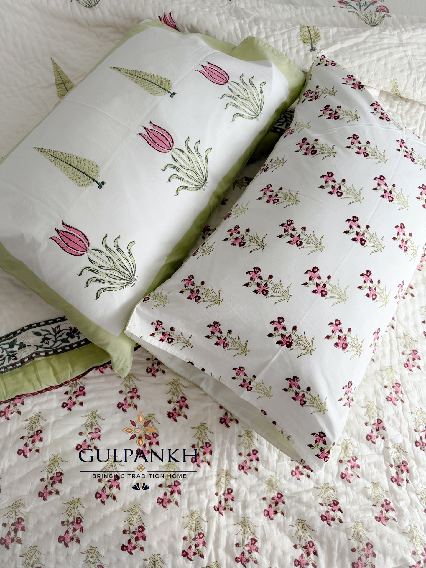 Hand Block Printed Cotton Quilt - Gulnaar Tulip Bloom | Gulpankh Canada