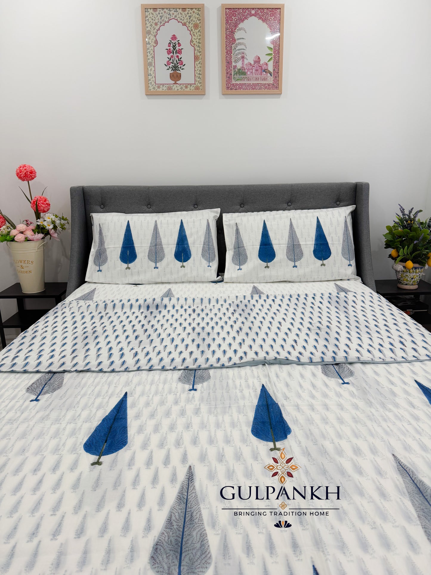 Indigo Grove Hand Block Printed Cotton Bedsheet with Matching Duvet Cover | Gulpankh Canada
