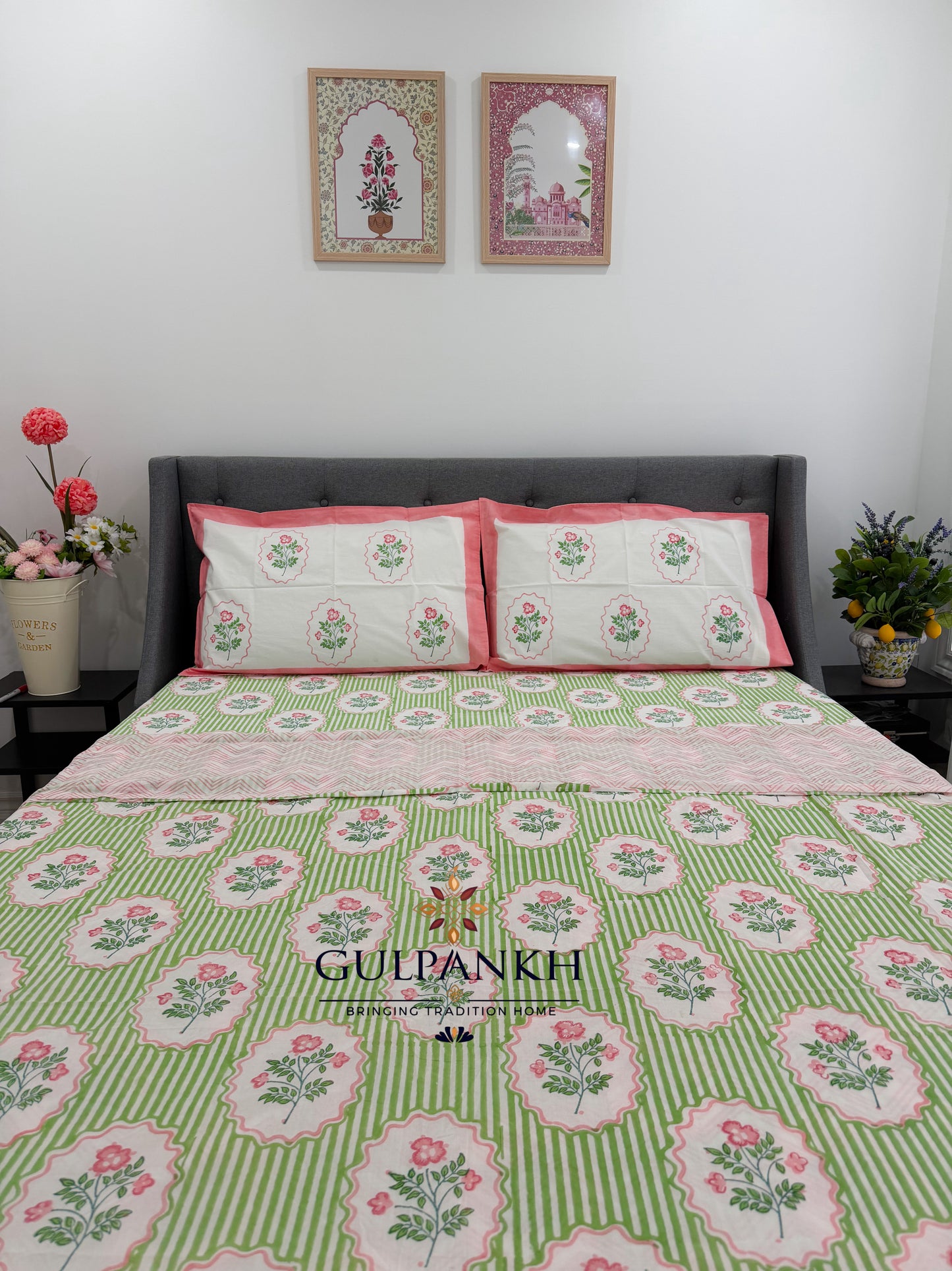Blush Meadow Hand Block Printed Cotton Bedsheet with Matching Duvet Cover | Gulpankh Canada