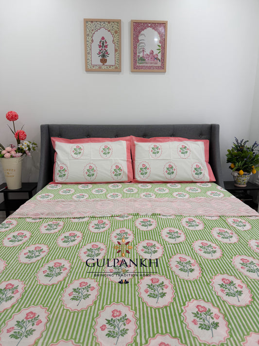 Blush Meadow Hand Block Printed Cotton Bedsheet with Matching Duvet Cover | Gulpankh Canada
