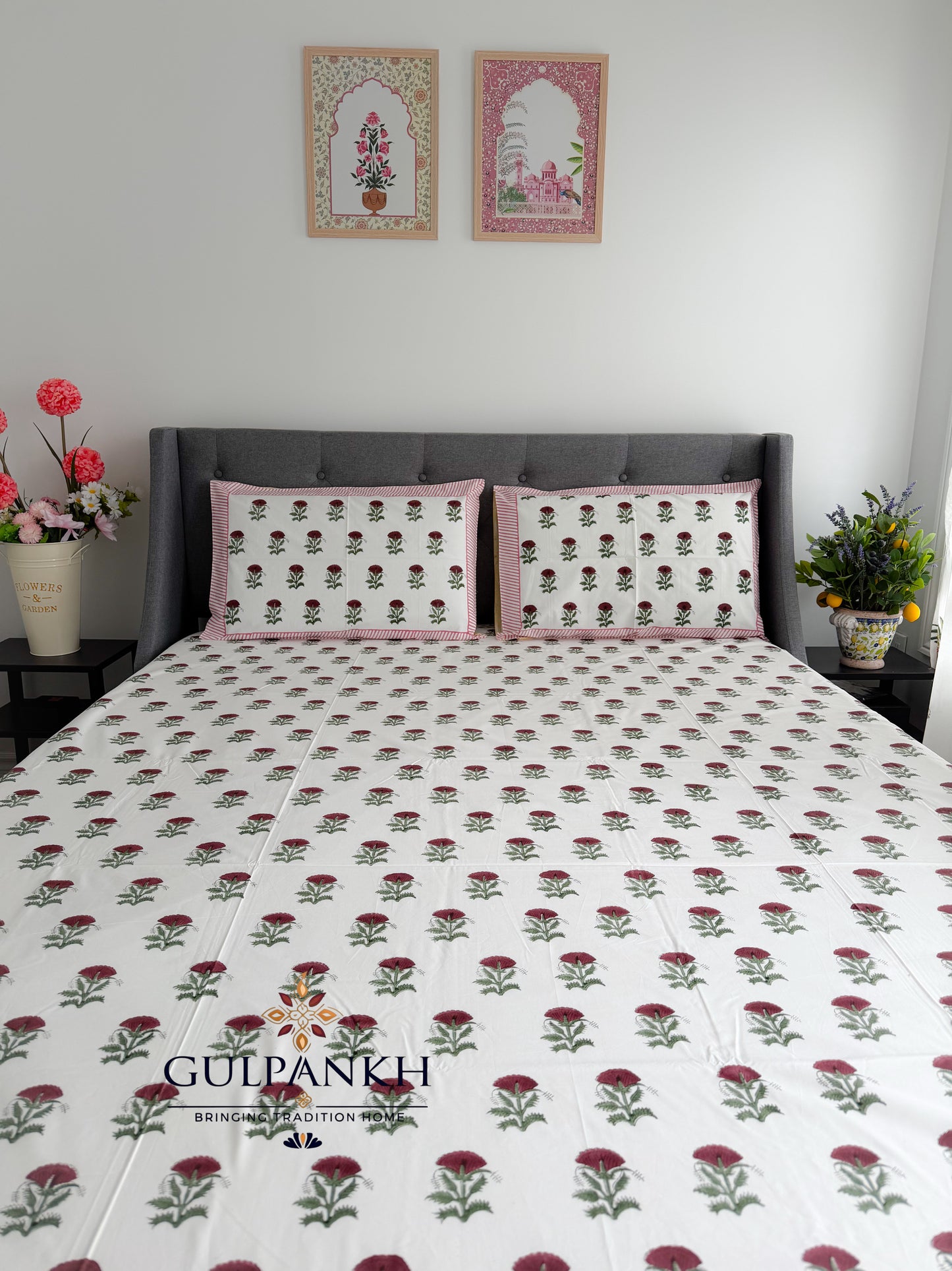 Gulnaar Buta Hand Block Printed Flat Bedsheet | Gulpankh Canada