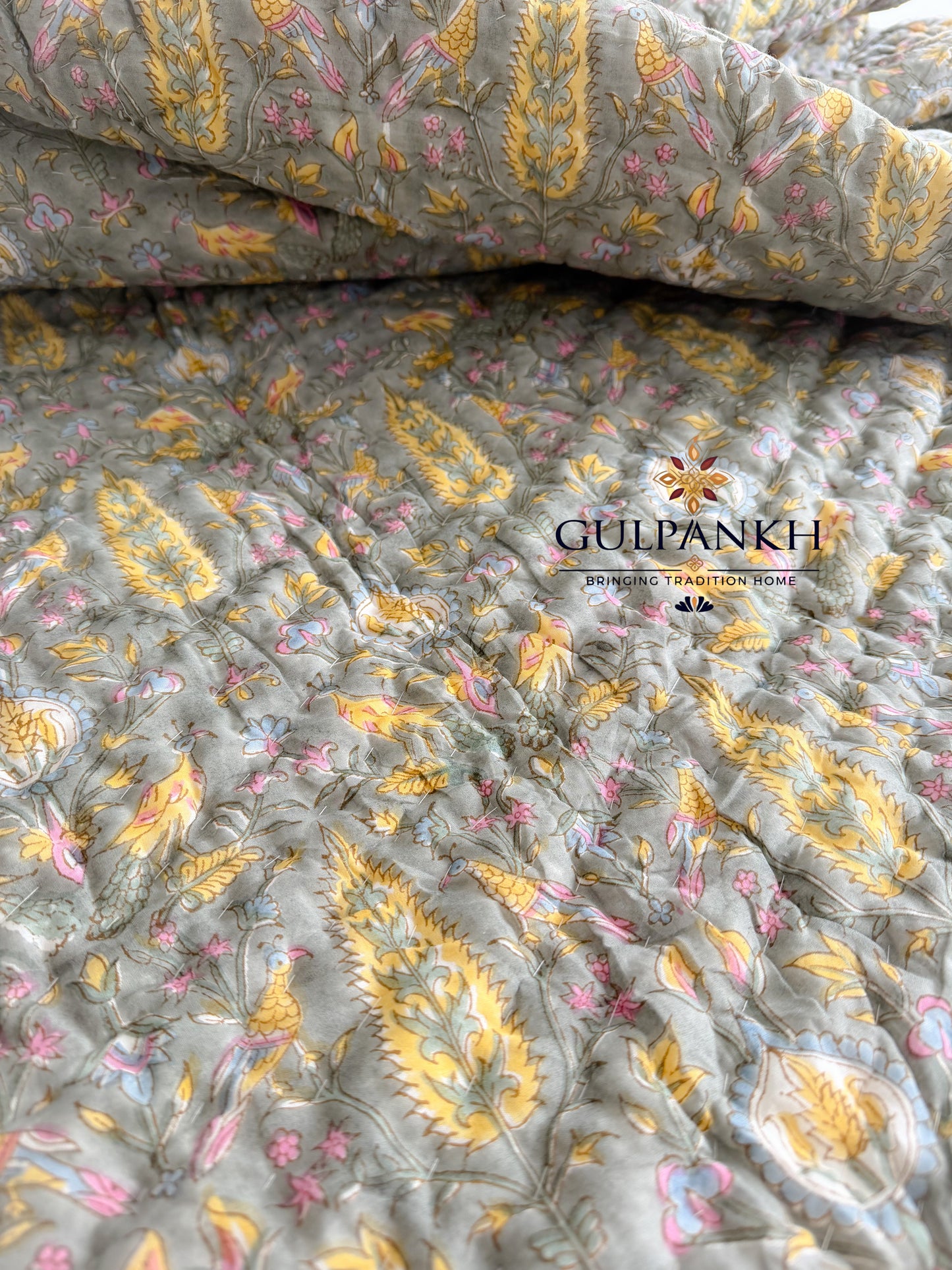 Hand Block Printed Cotton Quilt - Olive Gulzar | Gulpankh Canada