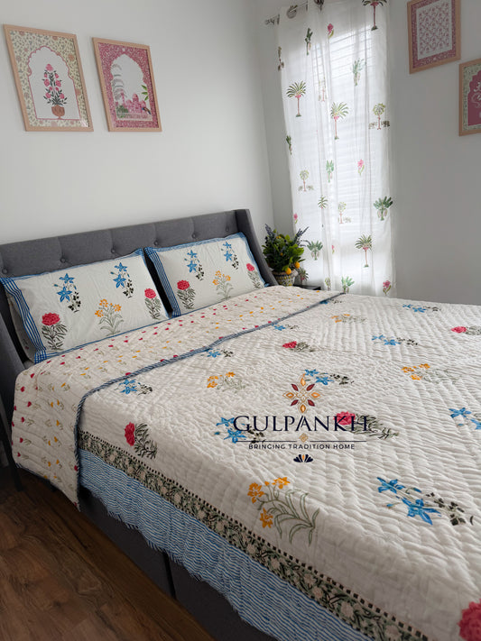 Hand Block Printed Cotton Quilt - Gul Rangini | Gulpankh Canada
