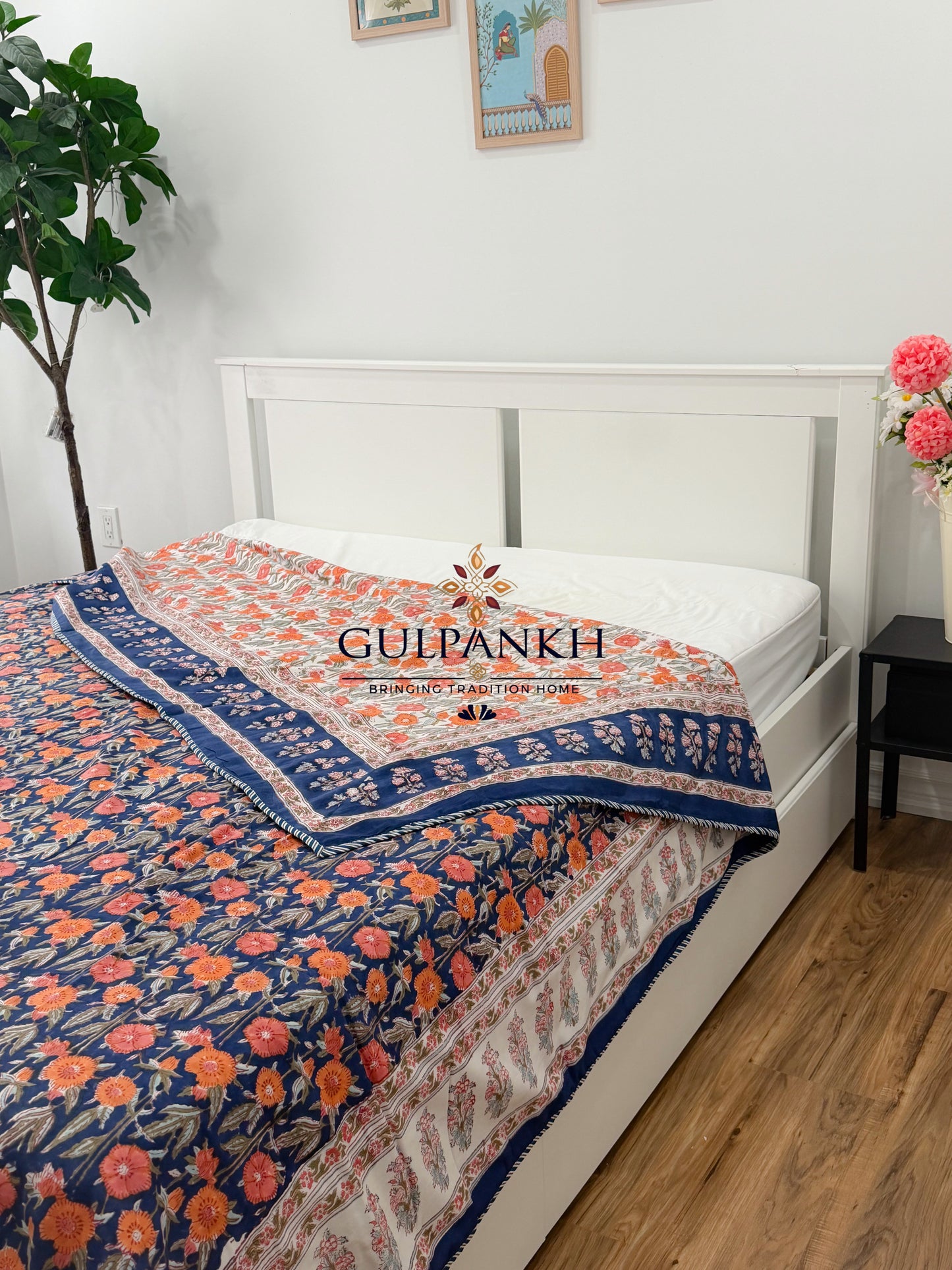 Hand Block Printed Mulmul Cotton Dohar - Midnight Marigold | Gulpankh Canada