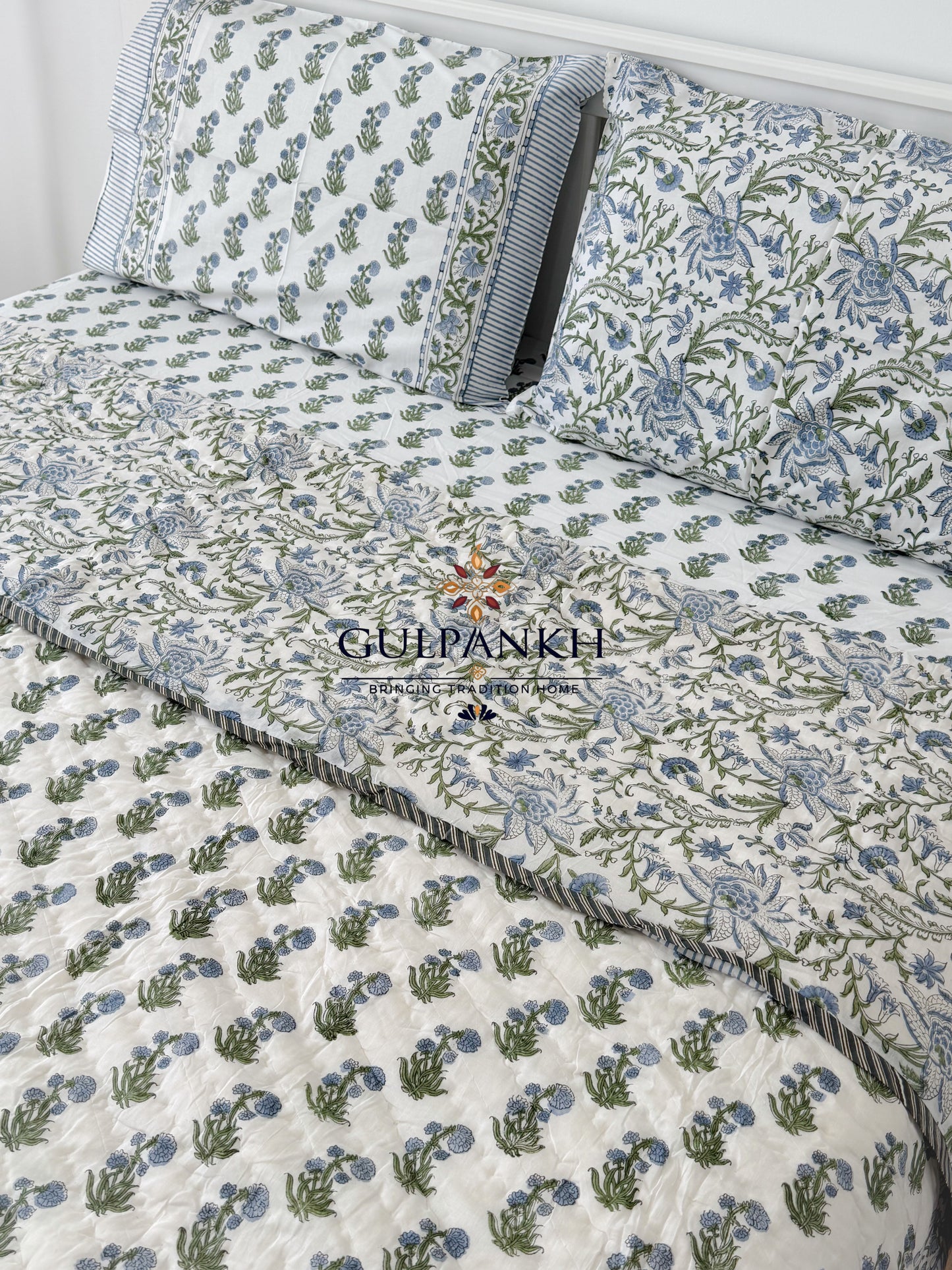 Hand Block Printed Cotton Bedding Set with Quilt - Indigo Meadow Luxe | Gulpankh Canada