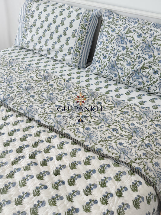 Hand Block Printed Cotton Bedding Set with Quilt - Indigo Meadow Luxe | Gulpankh Canada