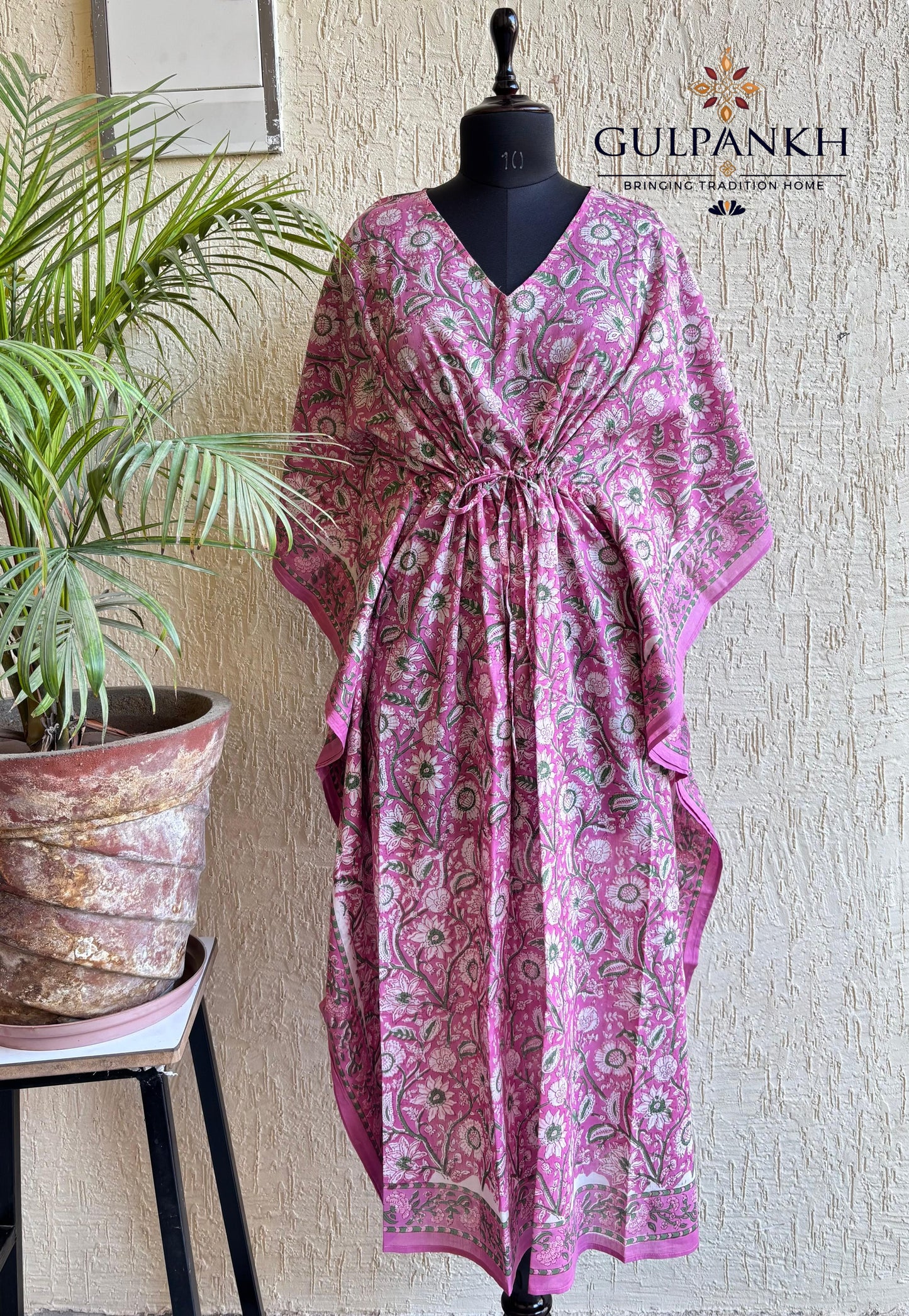 Hand Block Printed Cotton Kaftan – Pink Blossom Garden | Gulpankh Canada