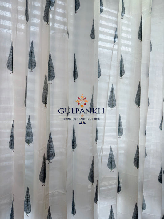 Hand Block Printed Cotton Curtains - Ivory Cypress Whisper | Gulpankh Canada