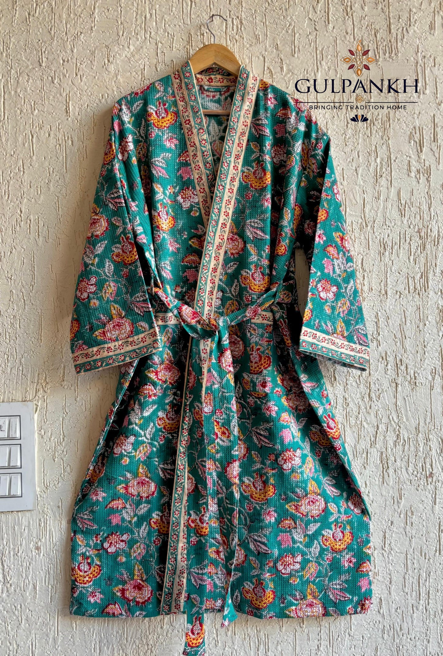 Firoza Pichwai Hand Block Printed Waffle Cotton Bathrobe – Cotton Spa Robe | Gulpankh Canada