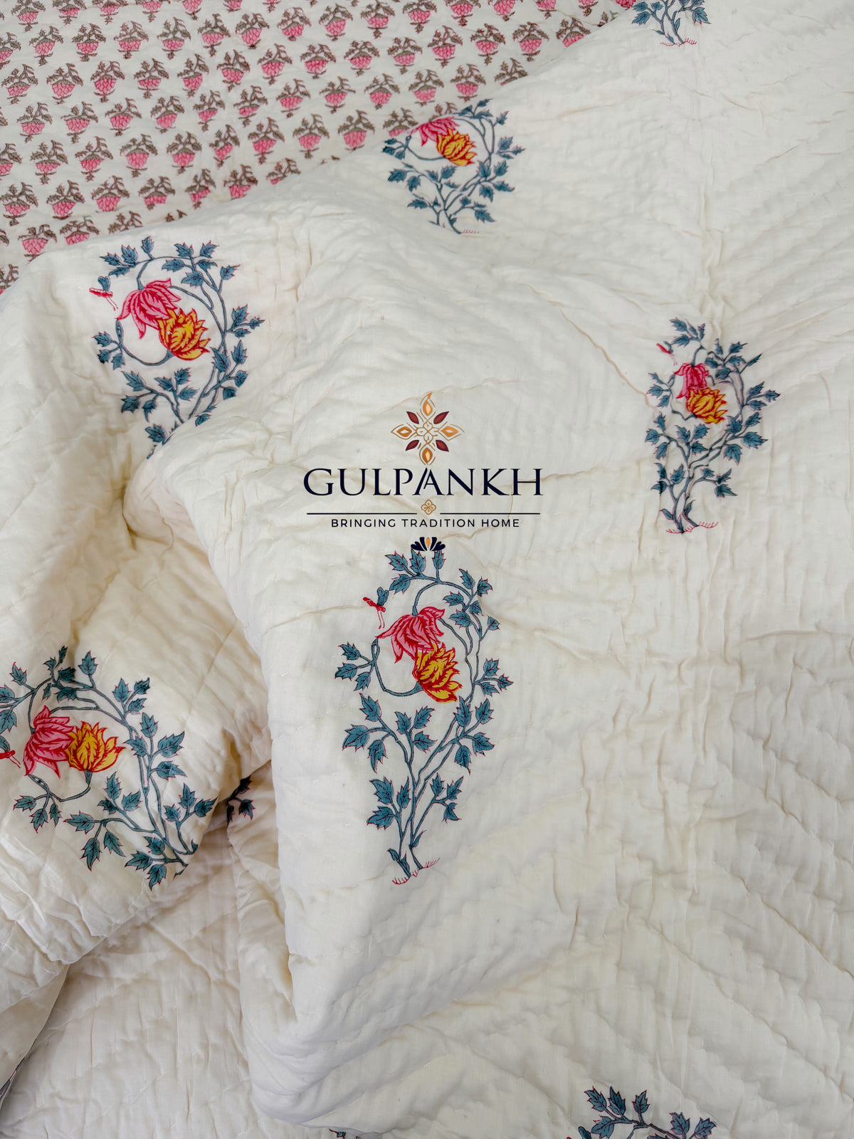 Hand Block Printed Reversible Cotton Quilt - Ivory Rose Meadow | Gulpankh Canada