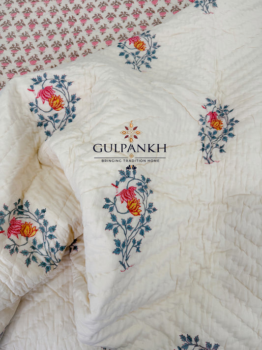 Hand Block Printed Reversible Cotton Quilt - Ivory Rose Meadow | Gulpankh Canada