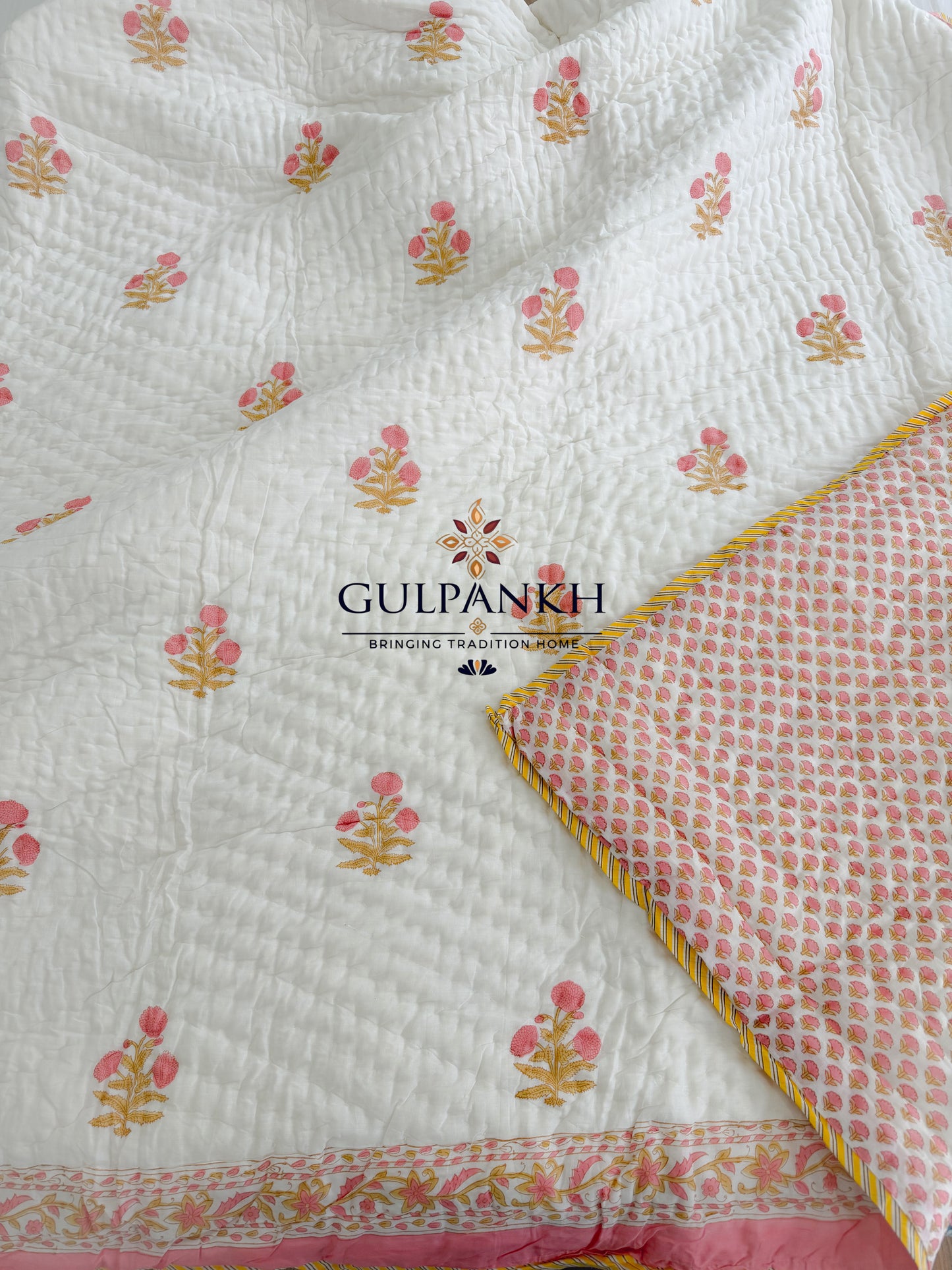 Hand Block Printed Cotton Quilt - Ivory Blossom Buta | Gulpankh Canada