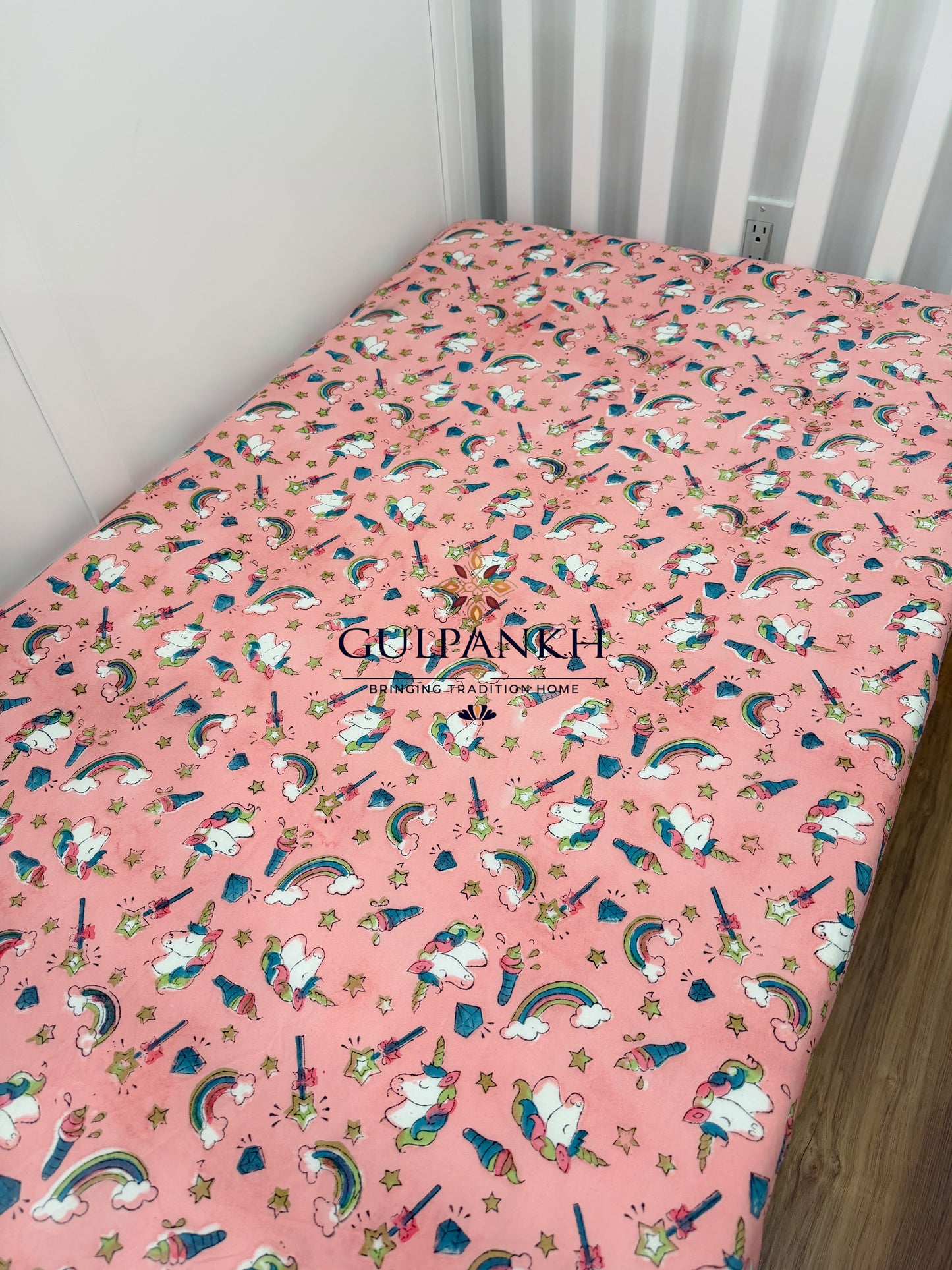 Hand Block Printed Crib Sheet Fitted - Unicorn Wonderland | Gulpankh Canada