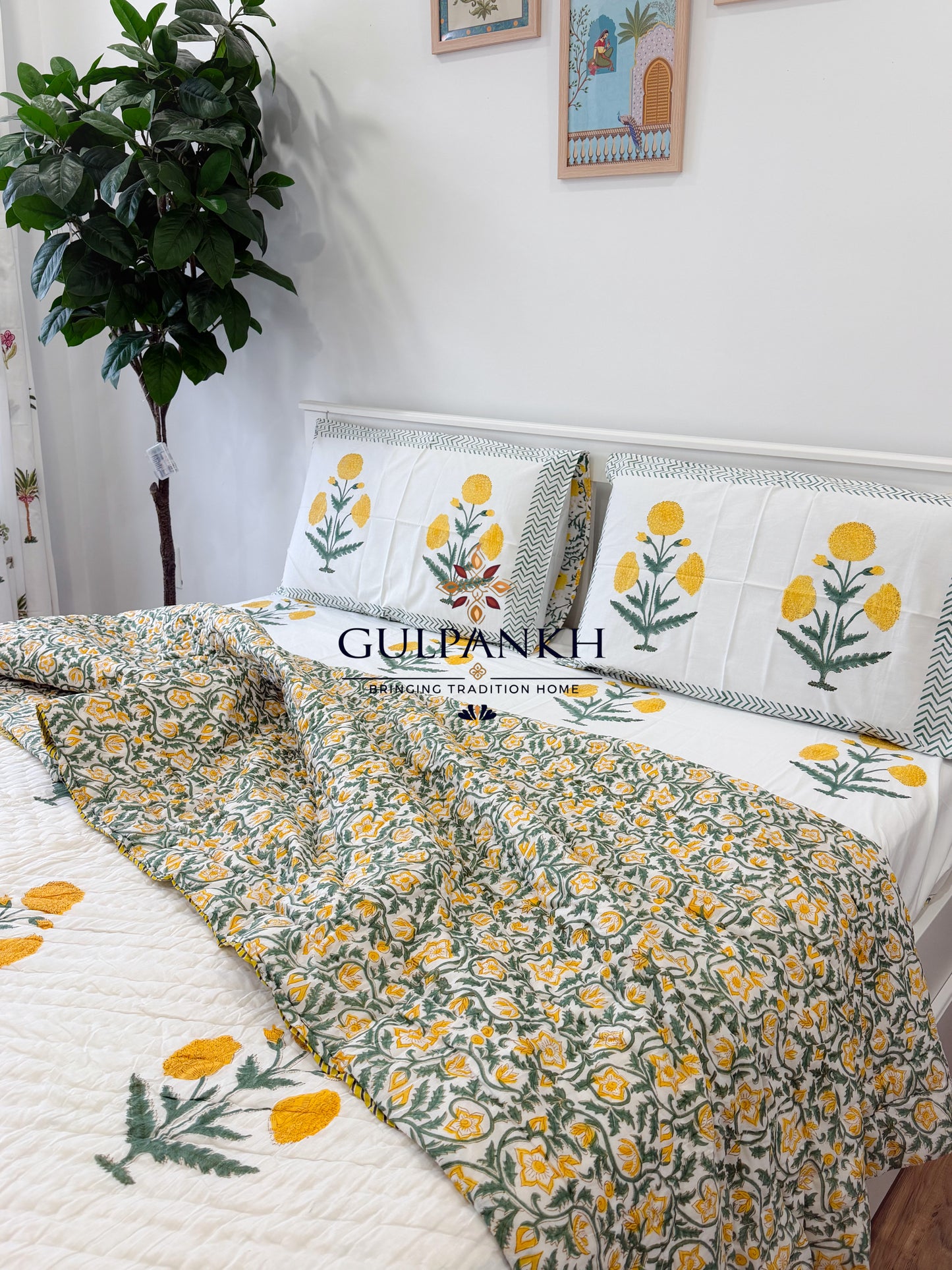Hand Block Printed Cotton Bedding Queen Set with Quilt - Marigold Bloom | Gulpankh Canada