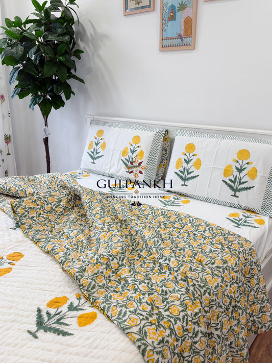Hand Block Printed Cotton Bedding Queen Set with Quilt - Marigold Bloom | Gulpankh Canada