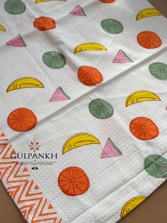 Fruit Fiesta Hand Block Printed Waffle Cotton Towel | Gulpankh Canada