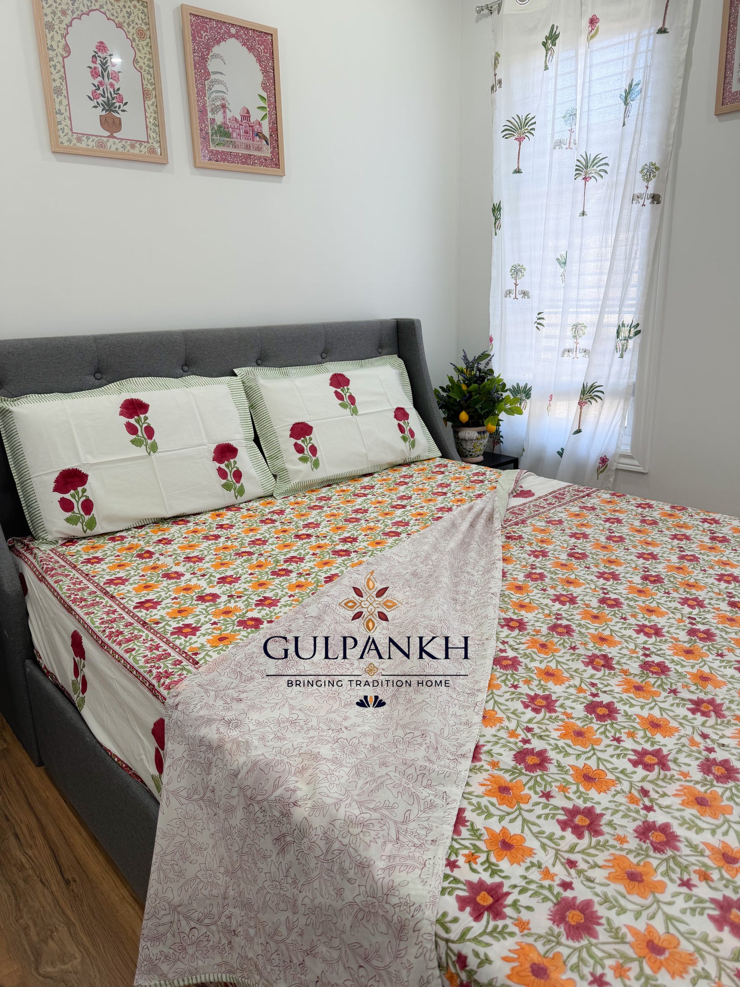 Hand Block Printed Cotton King Fitted Bedsheet with Matching Dohar -Gulbahar Garden | Gulpankh Canada