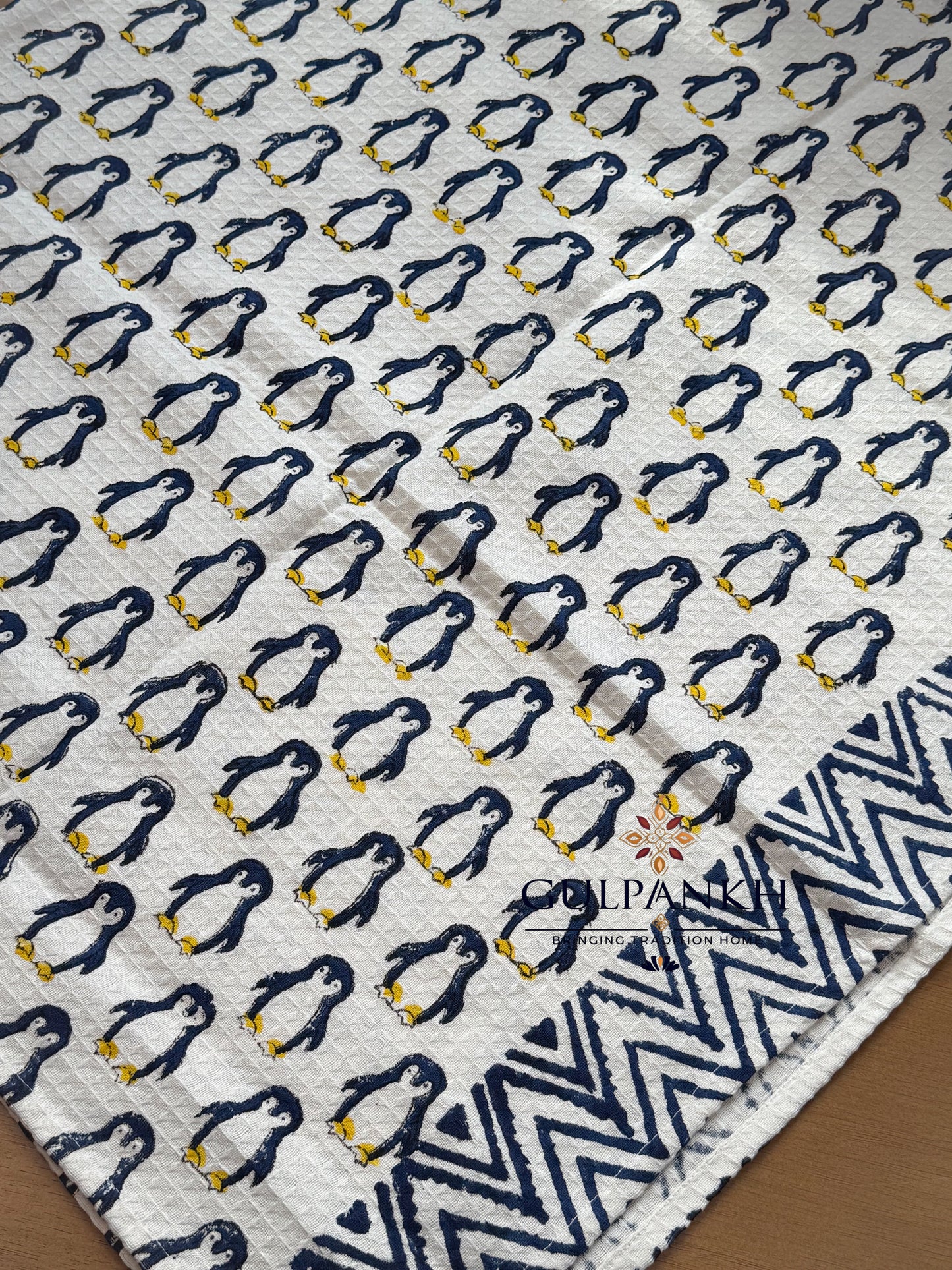 Penguin Parade Hand Block Printed Waffle Cotton Towel | Gulpankh Canada