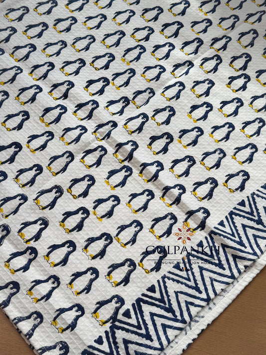 Penguin Parade Hand Block Printed Waffle Cotton Towel | Gulpankh Canada