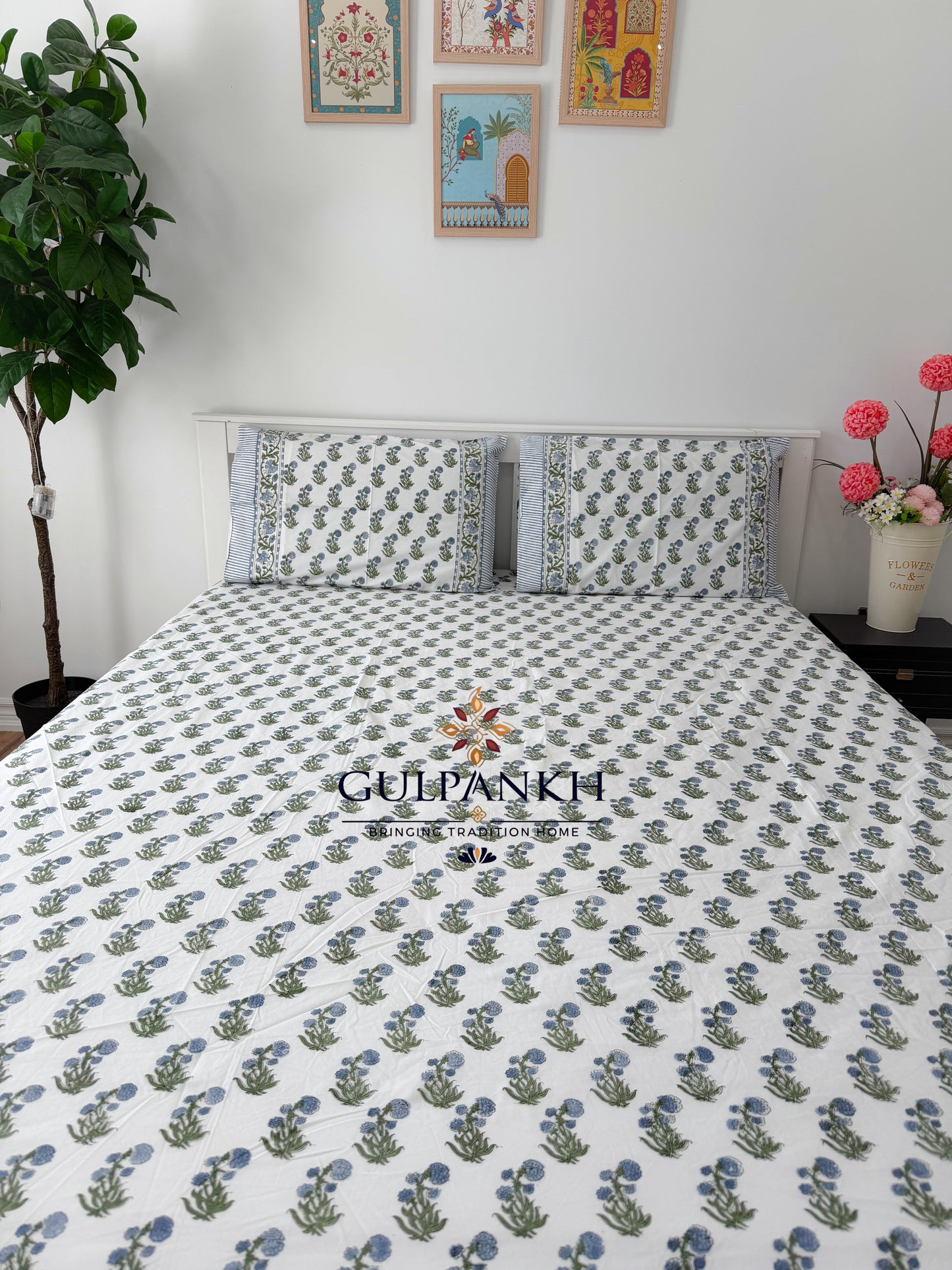 Hand Block Printed King Fitted Bedsheet - Azure Blossom | Gulpankh Canada