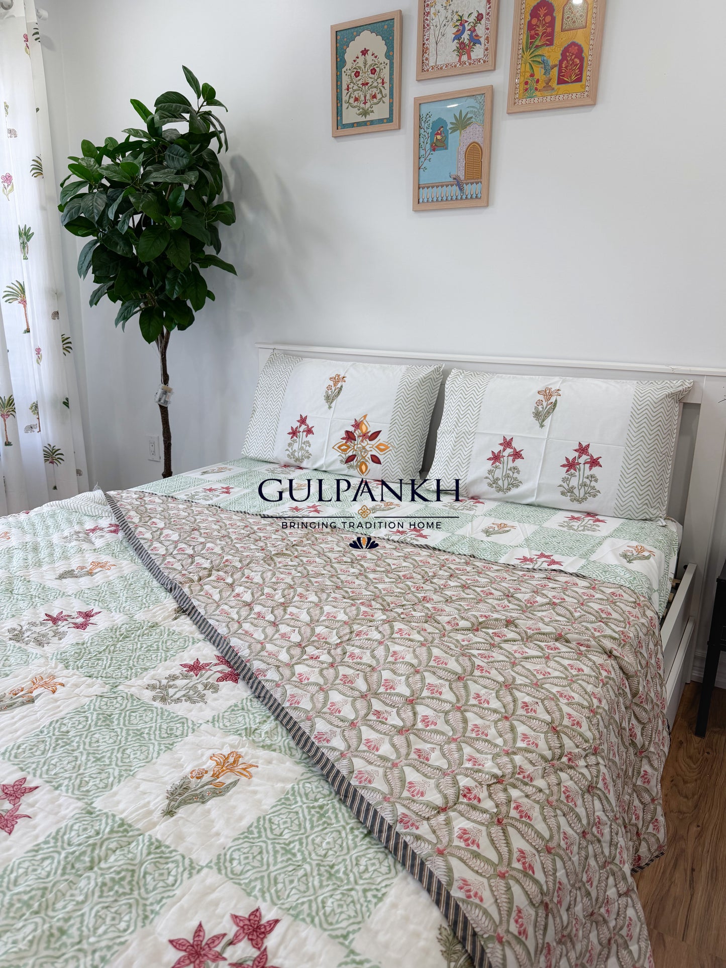 Hand Block Printed Cotton Bedding Set with Quilt - Firdaus Sage | Gulpankh Canada