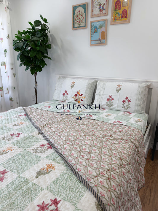 Hand Block Printed Cotton Bedding Queen Set with Quilt - Firdaus Sage | Gulpankh Canada
