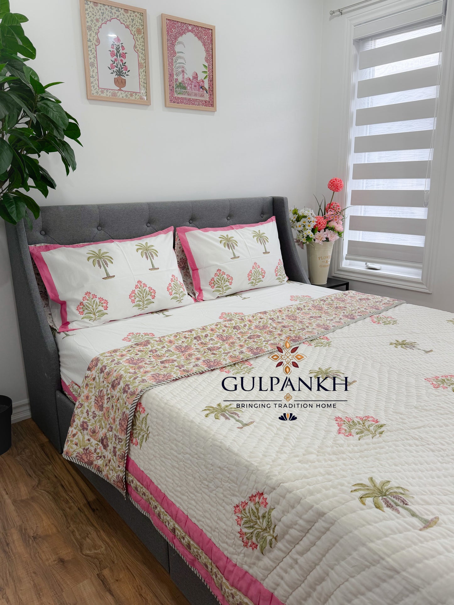 Hand Block Printed Cotton Bedding Set with Quilt - Gulabi Palm Garden | Gulpankh Canada