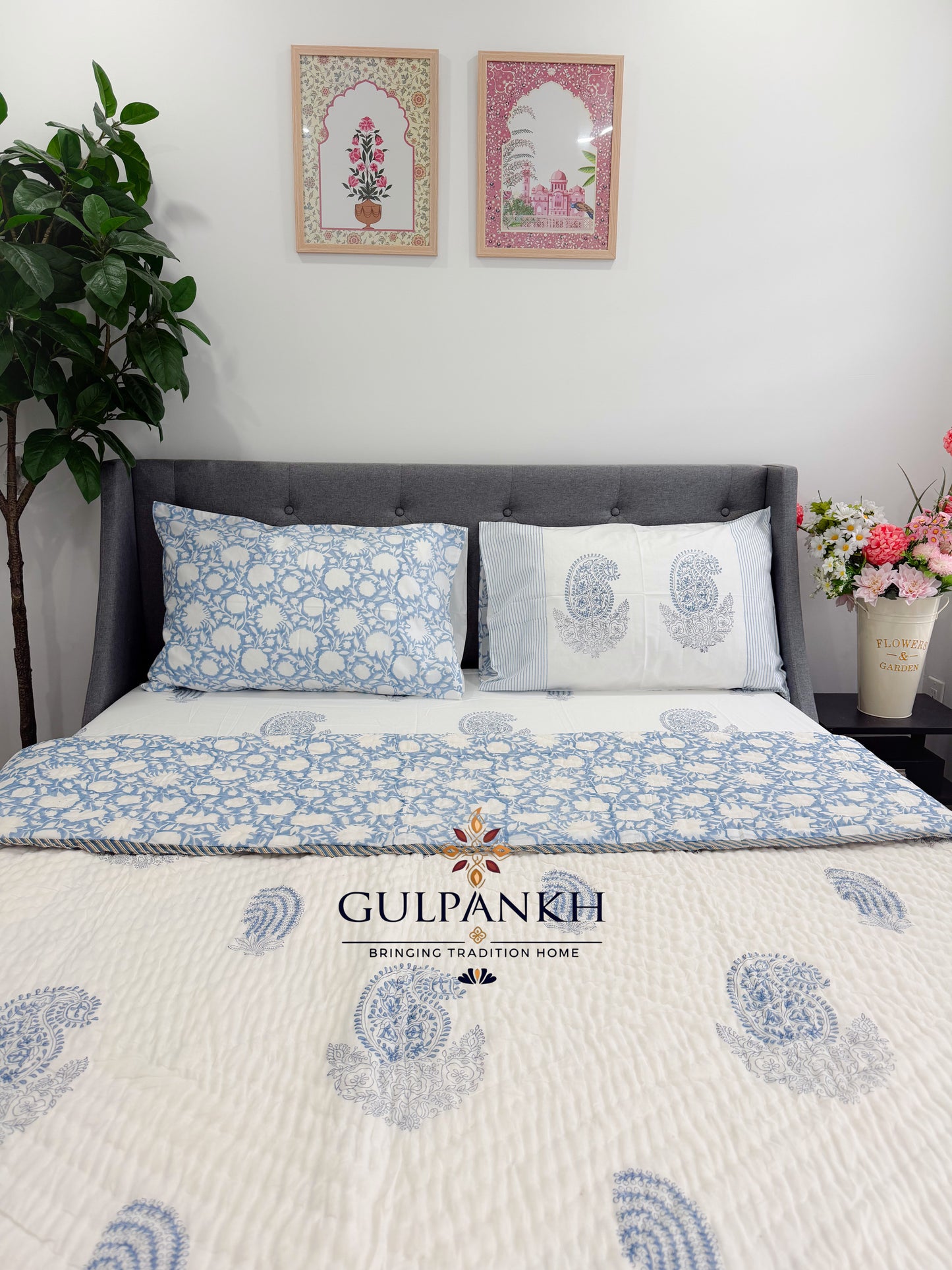 Hand Block Printed Cotton Bedding Set with Quilt - Neel Paisley Garden | Gulpankh Canada