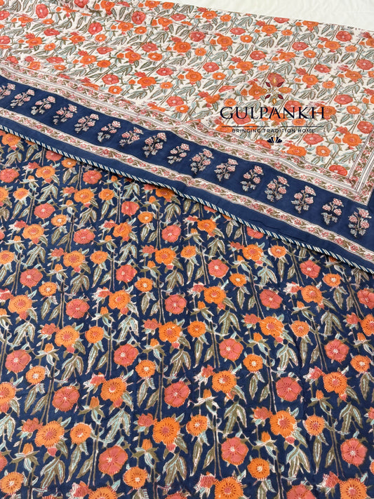 Hand Block Printed Mulmul Cotton Dohar - Midnight Marigold | Gulpankh Canada