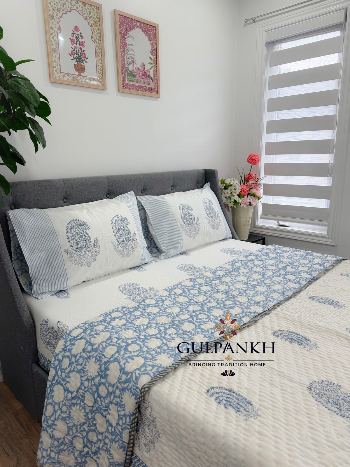 Hand Block Printed Cotton Bedding Set with Quilt - Neel Paisley Garden | Gulpankh Canada