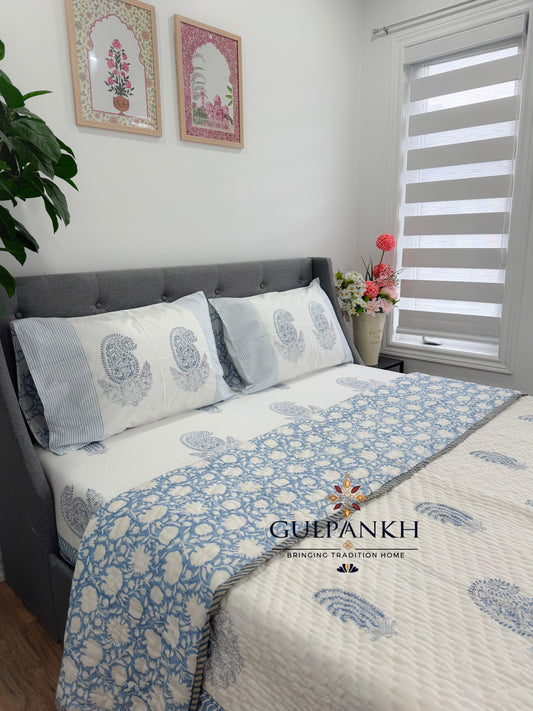 Hand Block Printed Cotton Bedding Queen Set with Quilt - Neel Paisley Garden | Gulpankh Canada