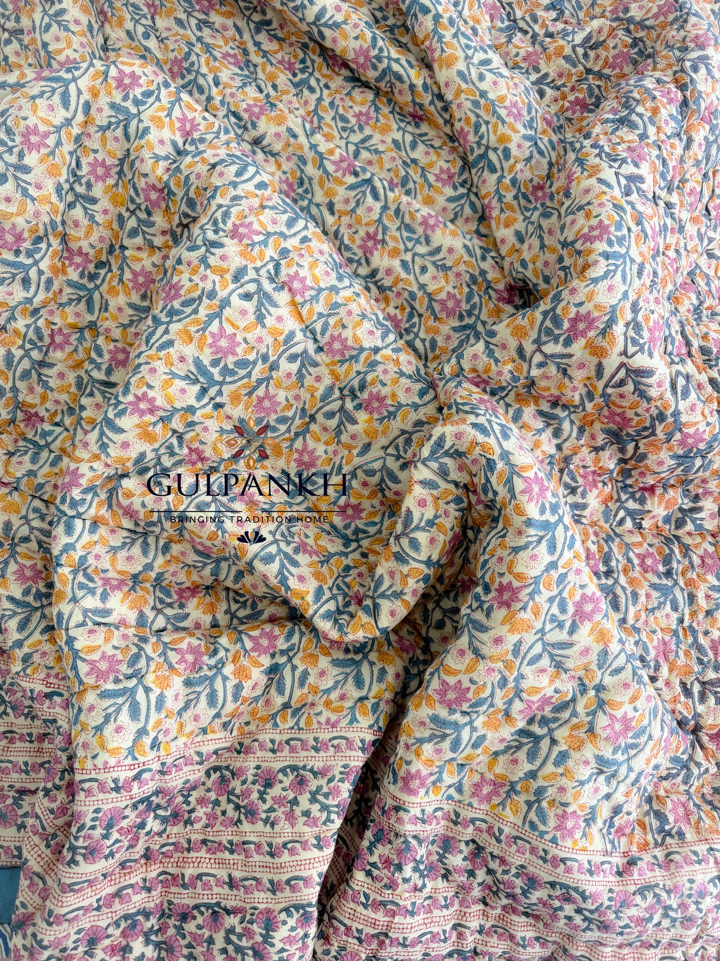 Hand Block Printed Cotton Quilt - Teal Blossom Garden | Gulpankh Canada