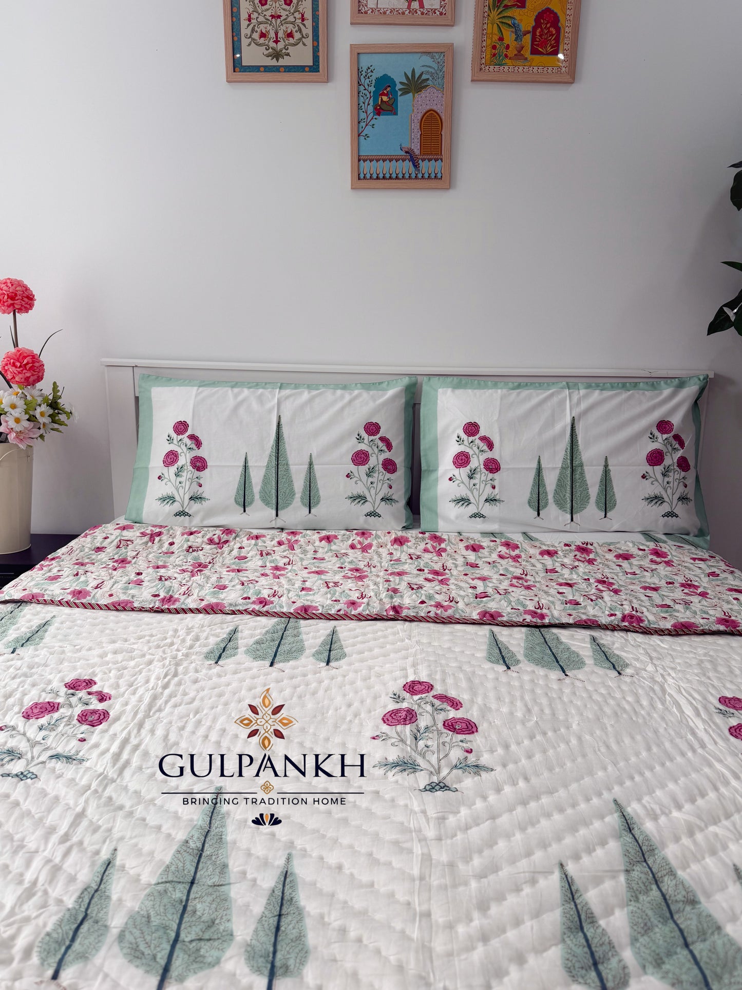 Hand Block Printed Cotton Bedding Set with Quilt - Firdaus Blossom | Gulpankh Canada