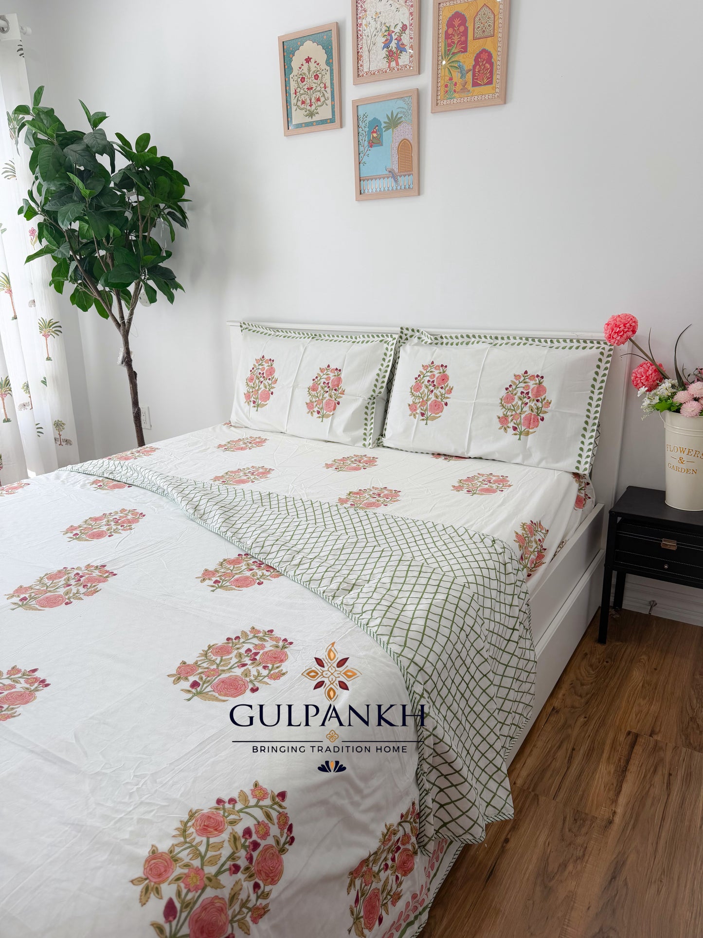 Hand Block Printed Cotton King Fitted Bedsheet with Matching Dohar - Rosewood Bloom | Gulpankh Canada