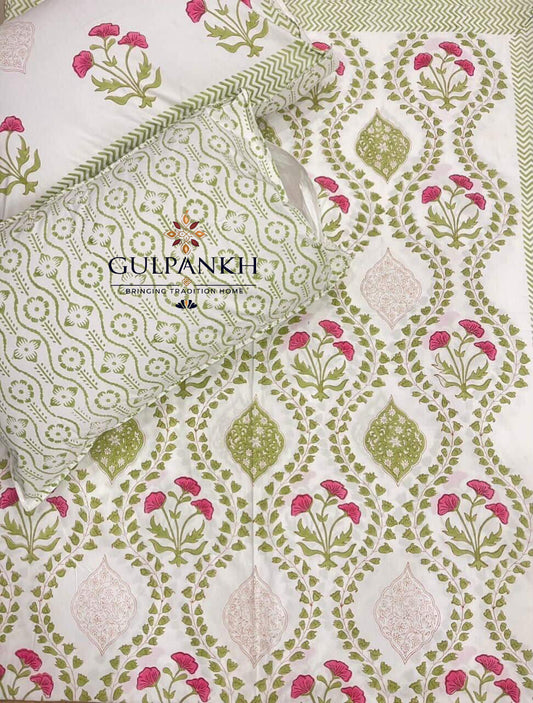Olive Blossom Hand Block Printed Fitted Bedsheet | Gulpankh Canada