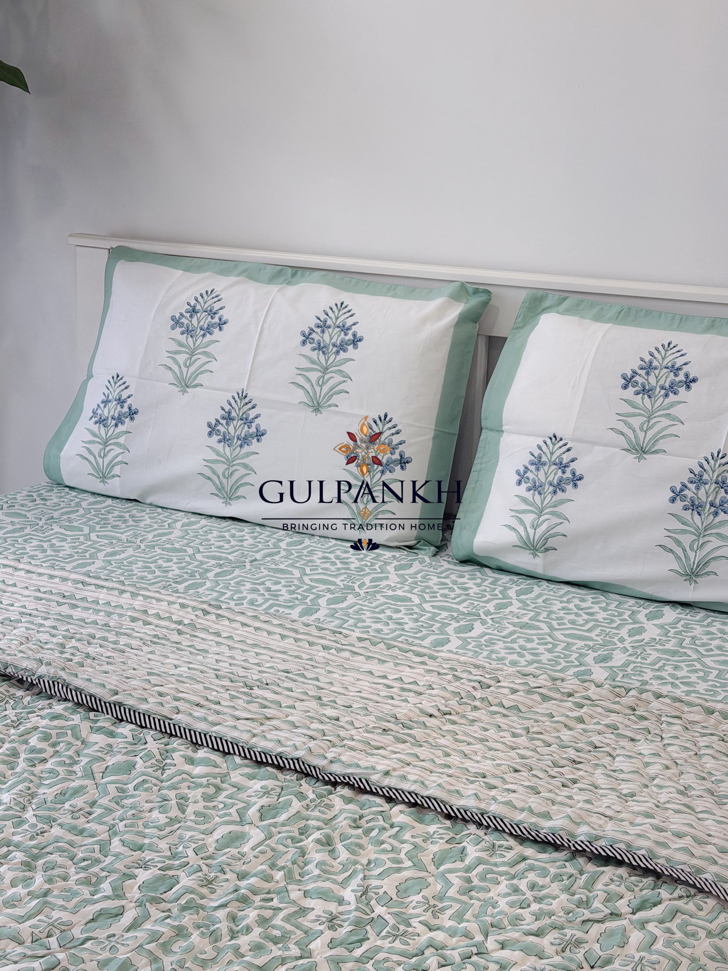 Hand Block Printed Cotton Bedding Set with Quilt - Mint Courtyard Luxe | Gulpankh Canada
