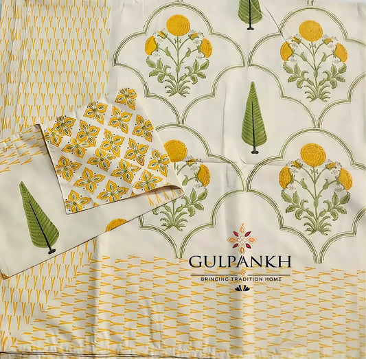 Hand Block Printed King Fitted Bedsheet - Marigold Courtyard | Gulpankh Canada