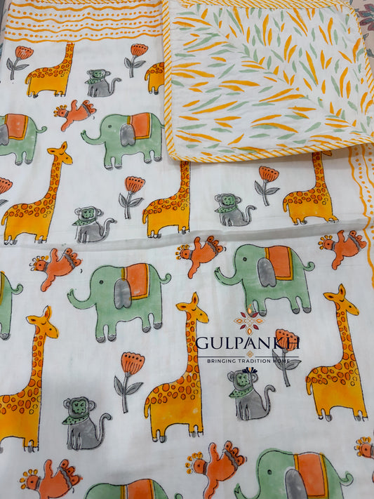 Hand Block Printed Mulmul Cotton Kids Dohar - Jungle Jubilee | Gulpankh Canada