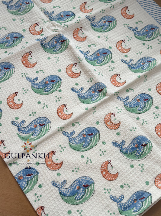 Moonlit Whale Hand Block Printed Waffle Cotton Towel | Gulpankh Canada