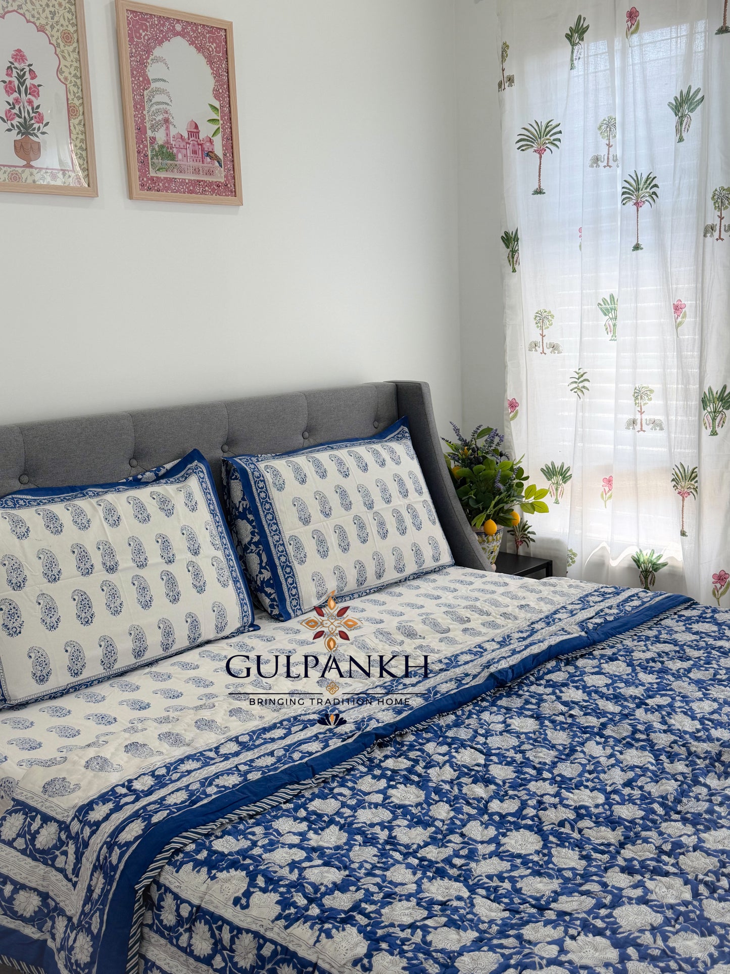 Hand Block Printed Cotton Bedding Set with Quilt - Indigo Paisley Bloom | Gulpankh Canada