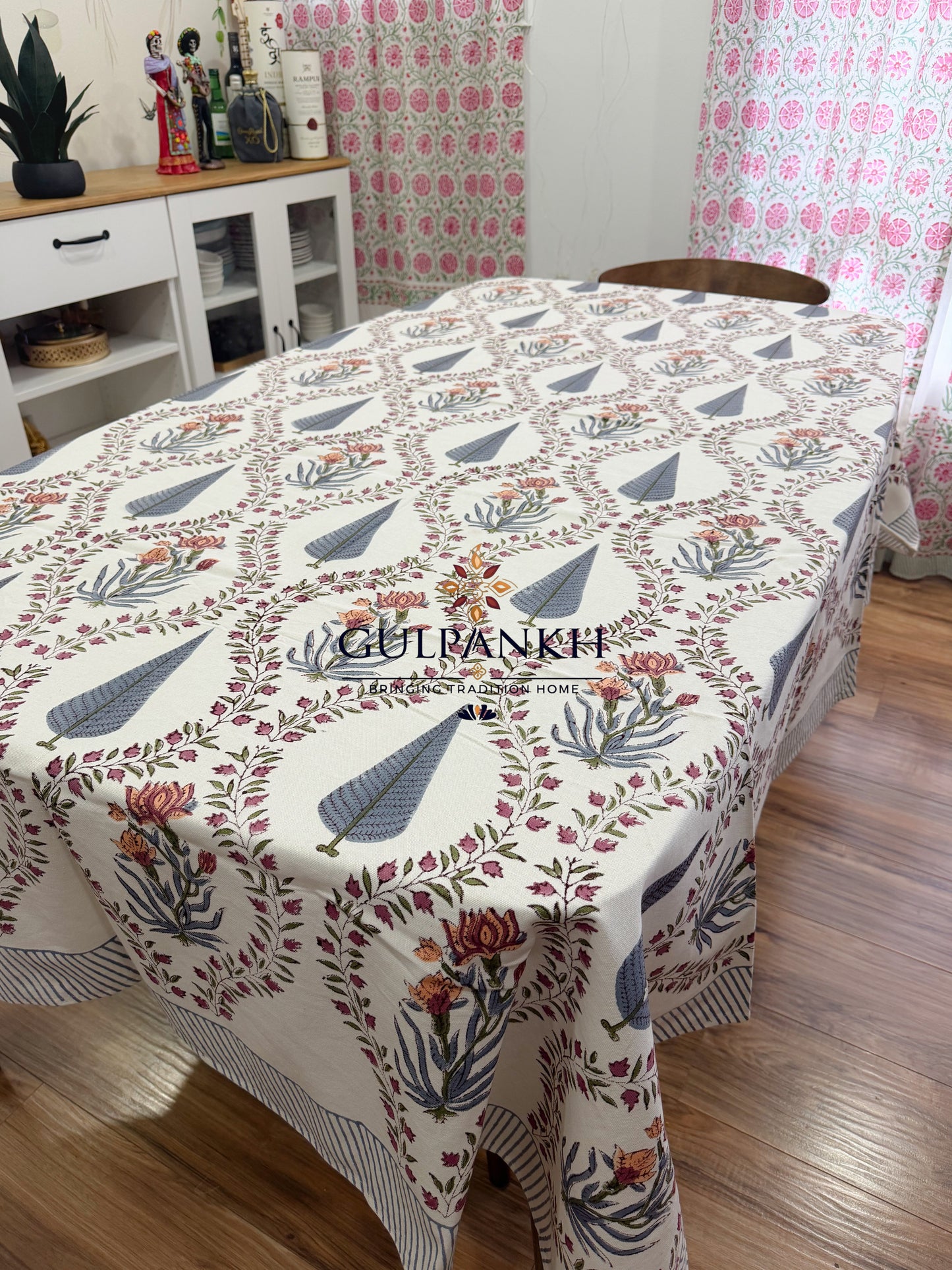 Hand Block Printed Cotton Table Cover - Royal Lotus Trellis | Gulpankh Canada