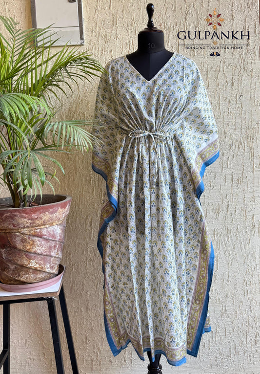 Hand Block Printed Cotton Kaftan – Blue Meadow Breeze | Gulpankh Canada