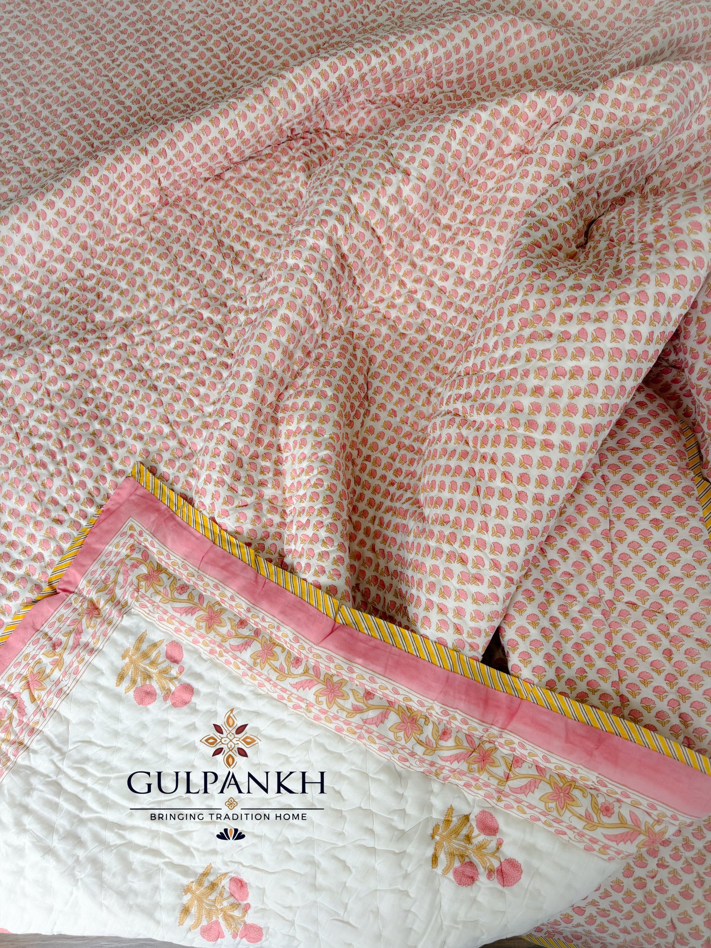 Hand Block Printed Cotton Quilt - Ivory Blossom Buta | Gulpankh Canada