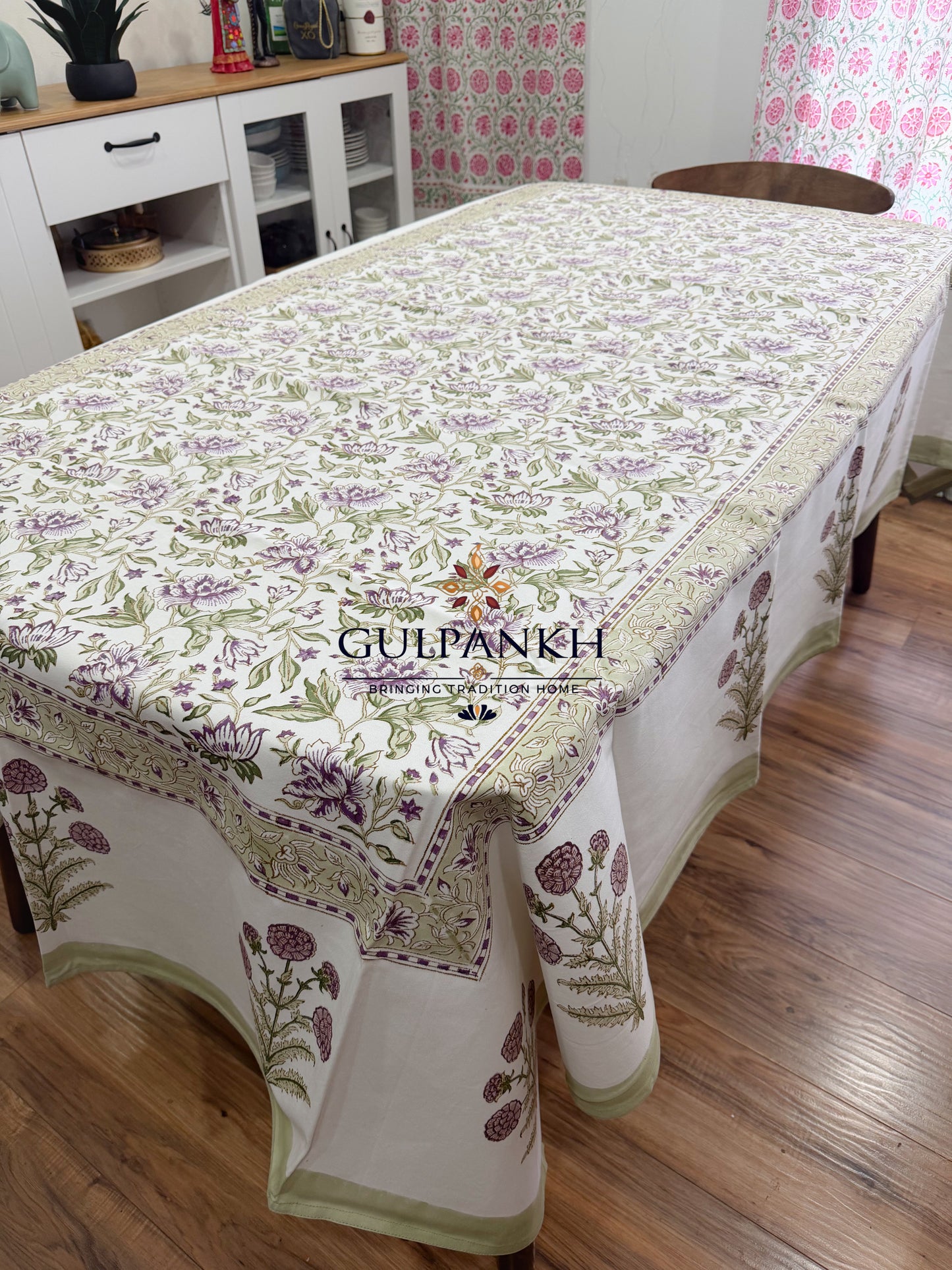 Hand Block Printed Cotton Table Cover - Lavender Meadow Bloom | Gulpankh Canada