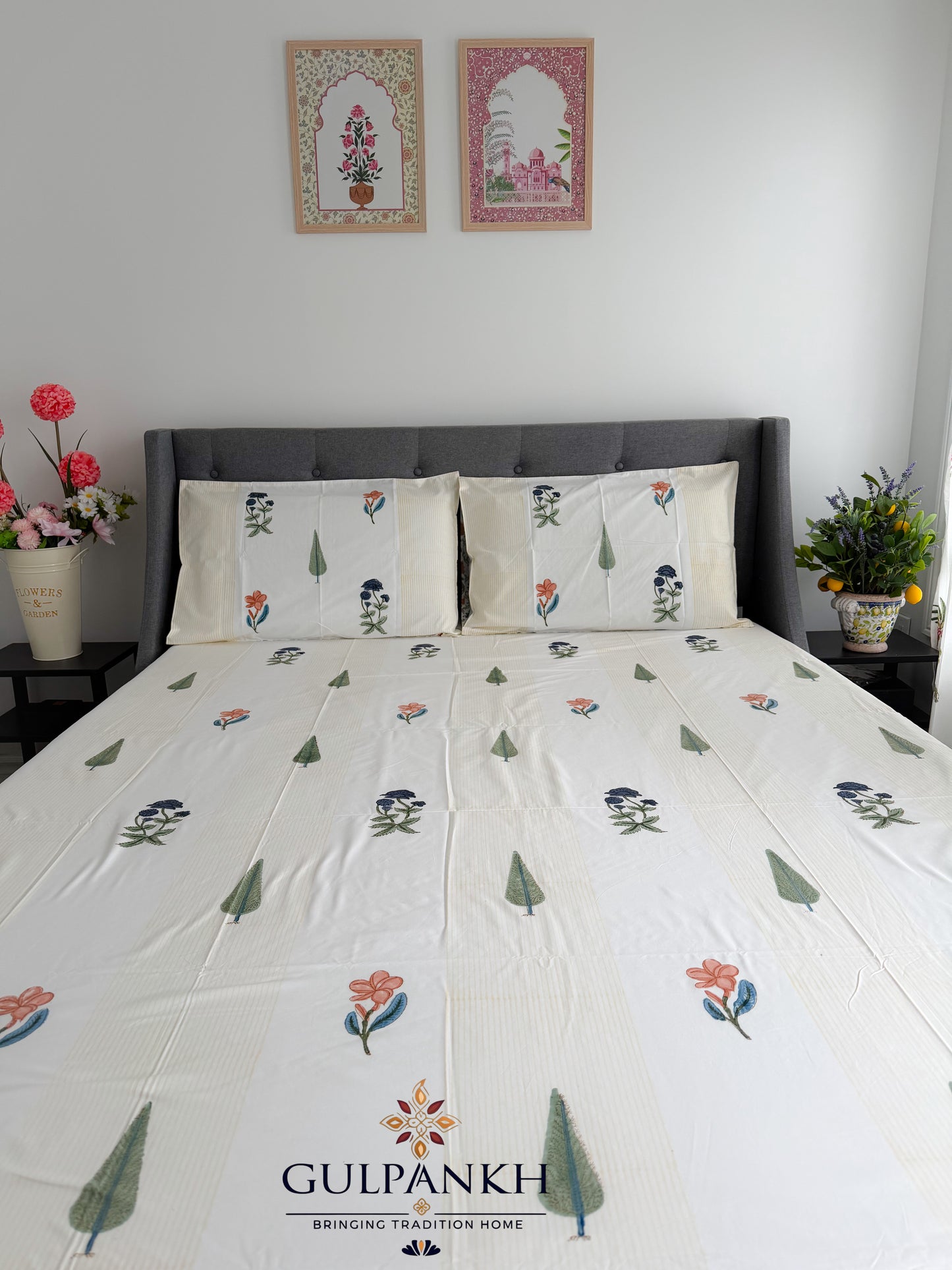 Vriksha Buta Hand Block Printed Flat Bedsheet | Gulpankh Canada