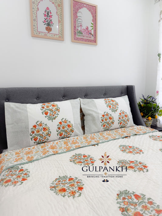 Hand Block Printed Cotton Quilt - Kesariya Blossom Vine | Gulpankh Canada
