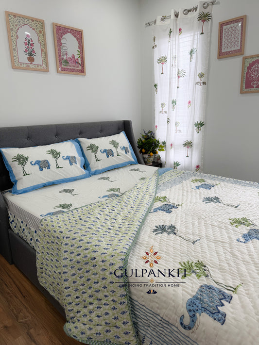 Royal Elephant Garden Hand Block Printed Cotton Queen Bedding Set with Quilt | Gulpankh Canada